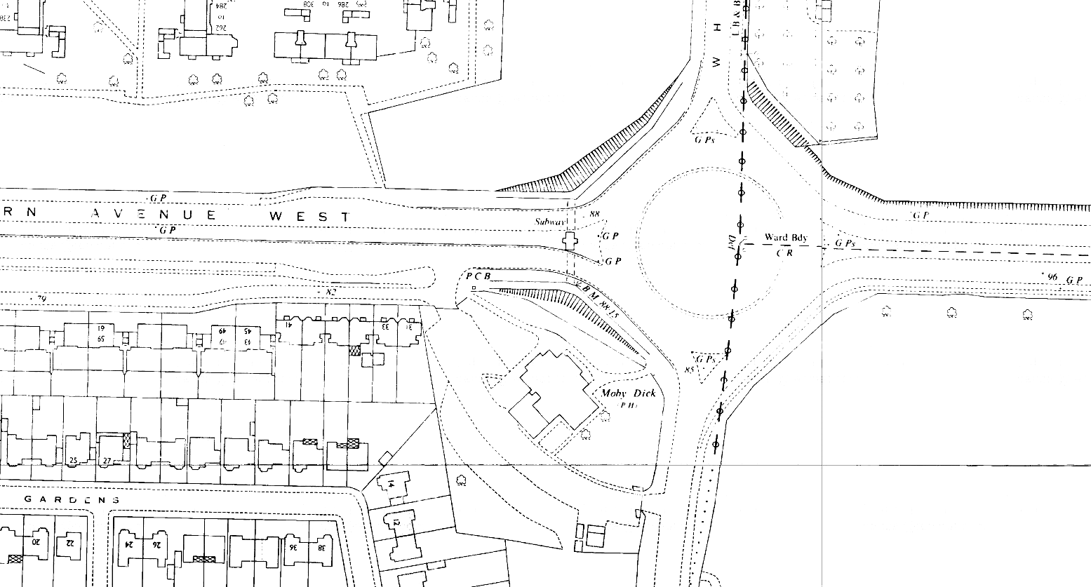 K19--Moby Dick Roundabout, Chadwell Heath Box--1963 OS Map Extract 1-1250.png