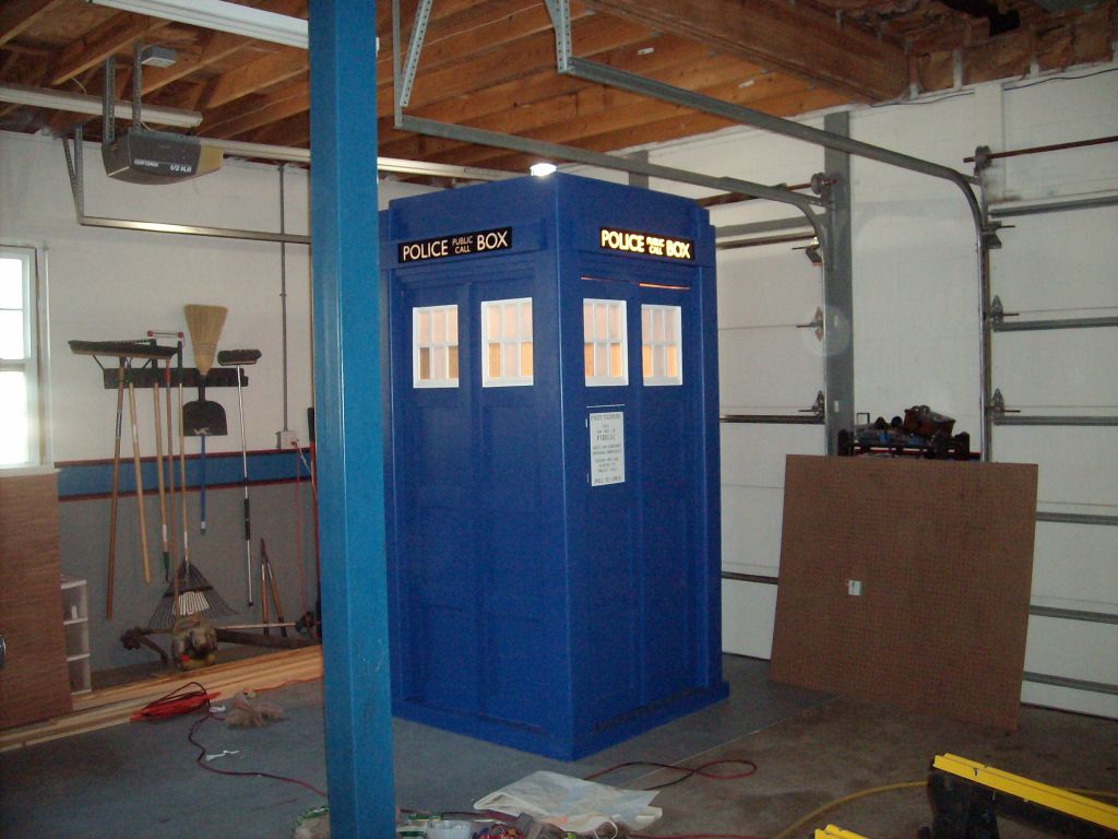 Tardis with roof light mounted and lights on.JPG